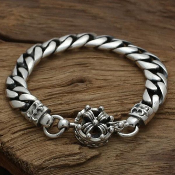 Men's Sterling Silver Floral Cross Curb Chain Bracelet - Jewelry1000.com