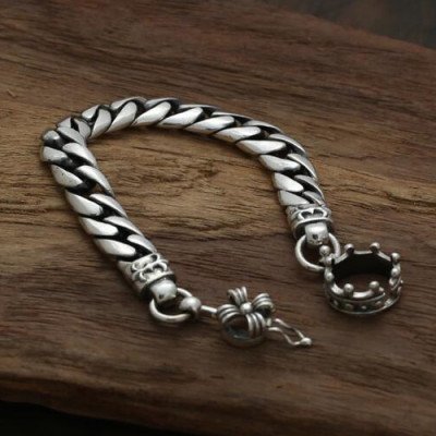 Men's Sterling Silver Floral Cross Curb Chain Bracelet