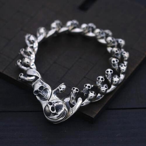 Men's Sterling Silver Skulls Curb Chain Bracelet