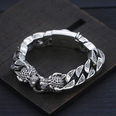 Men's Sterling Silver Leopard Curb Chain Bracelet