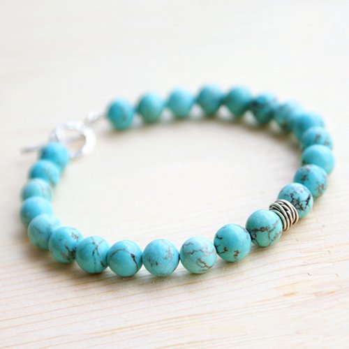 Men's Turquoise Beaded Bracelet with Sterling Silver Charm and Clasp 6.5"-8.5"