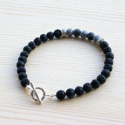 Men's Lava Stone Beaded Bracelet with Sterling Silver Charms and Clasp 6.5"-8.5"