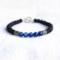 Men's Blue Apatite Gemstone and Lava Stone Beaded Bracelet with Sterling Silver Charms and Clasp 6.5"-8.5"