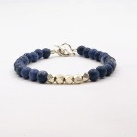 Men's Blue Coral Beaded Bracelet with Sterling Silver Beads and Clasp 6.5"-8.5"