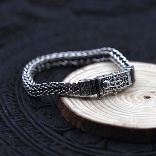 Men's Sterling Silver Fleur De Lis Wheat Chain Bracelet