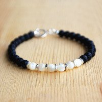 Men's Shell and Lava Stone Beaded Bracelet with Sterling Silver Charms and Claps 6.5"-8.5"