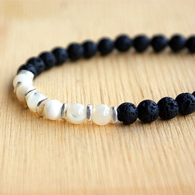 Men's Shell and Lava Stone Beaded Bracelet with Sterling Silver Charms and Claps 6.5"-8.5"