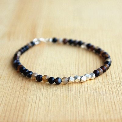 Men's Onyx Slim Beaded Bracelet with Sterling Silver Charms and Claps 6.5"-8.5"