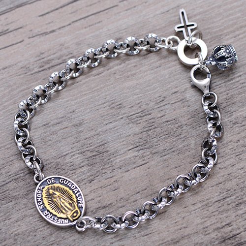 Men's Sterling Silver Virgin Mary Tag Chain Bracelet