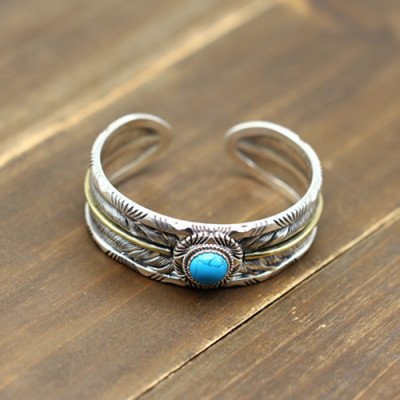 Men's Sterling Silver Turquoise Feather Wide Cuff Bracelet