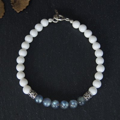 Men's Labradorite and Tridacna Beaded Bracelet with Sterling Silver Charms 6.5"-8.5"