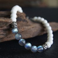Men's Labradorite and Tridacna Beaded Bracelet with Sterling Silver Charms 6.5"-8.5"