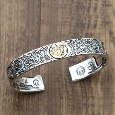 Men's Sterling Silver Ivy Pattern Eagle Cuff Bracelet