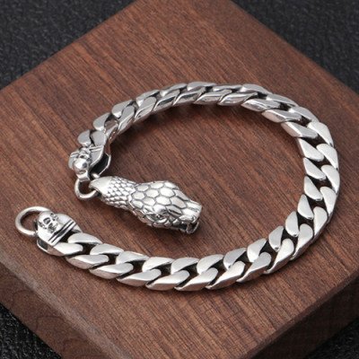 Men's Sterling Silver Cobra Skulls Curb Chain Bracelet