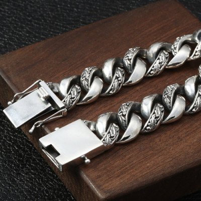 Men's Sterling Silver Carved Curb Chain Bracelet