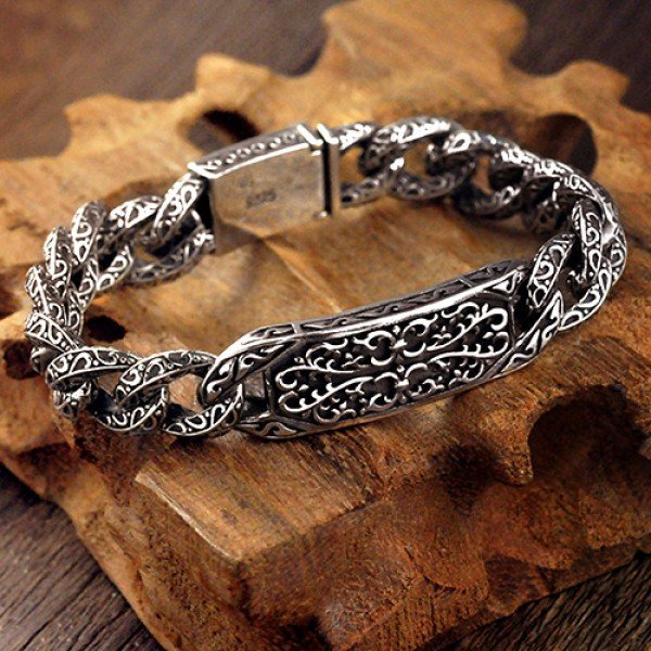 Men Sterling Silver Ivy Pattern Curb Chain Bracelet - Jewelry1000.com