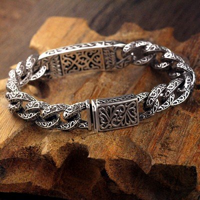 Men's Sterling Silver Ivy Pattern Curb Chain Bracelet