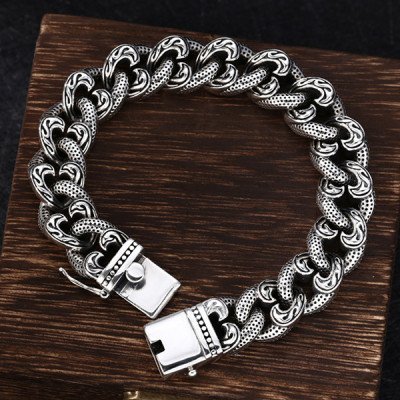 Men's Sterling Silver Ivy Pattern Cuban Chain Bracelet