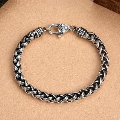 Men's Sterling Silver Oriental Pattern Braided Chain Bracelet