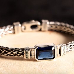 Men's Sterling Silver Blue Zircon Braided Bracelet