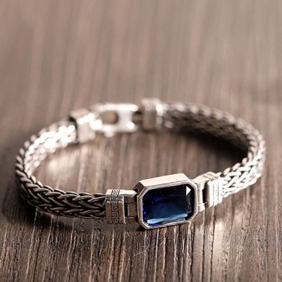Men's Sterling Silver Blue Zircon Braided Bracelet