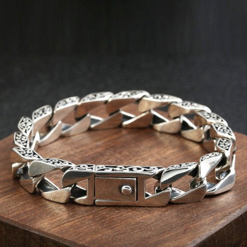 Men's Sterling Silver Ivy Rimmed Curb Chain Bracelet