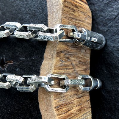 Men's Sterling Silver Ivy Pattern Rectangle Link Chain Bracelet