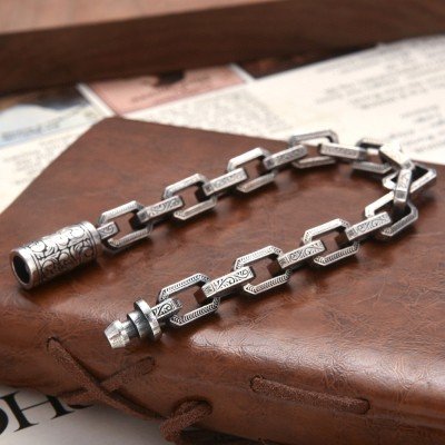 Men's Sterling Silver Ivy Pattern Rectangle Link Chain Bracelet