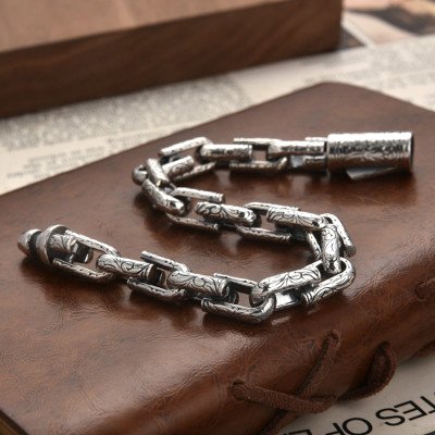 Men's Sterling Silver Ivy Pattern Link Chain Bracelet