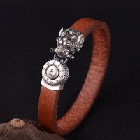 Men's Sterling Silver Mantra of Fortune Leather Belt Bracelet
