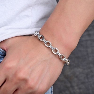 Men's Sterling Silver Six True Words Mantra Oval Link Chain Bracelet