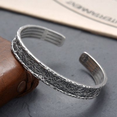 Men's Sterling Silver Ivy Pattern Cuff Bracelet