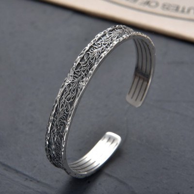 Men's Sterling Silver Ivy Pattern Cuff Bracelet