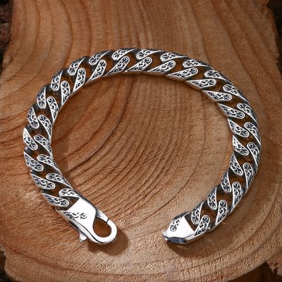 Men's Sterling Silver Ivy Engraved Cuban Chain Bracelet