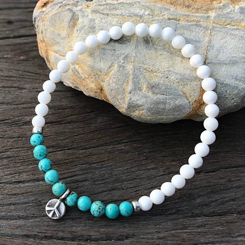 Turquoise and Shell Beaded Bracelet with Sterling Silver Charms 6"-8.5"