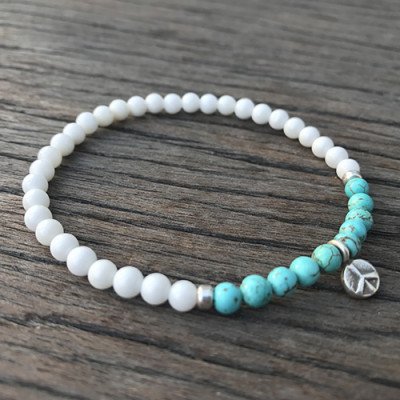 Turquoise and Shell Beaded Bracelet with Sterling Silver Charms 6"-8.5"