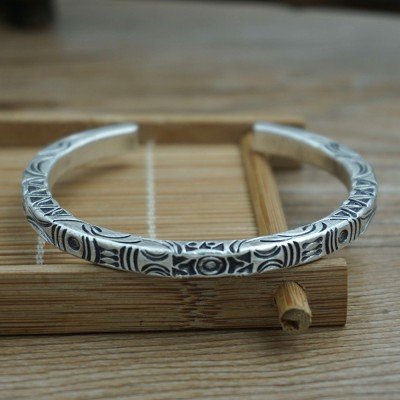 Fine Silver Totem Square Cuff Bracelet