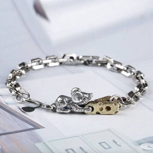 Sterling Silver Mouse Loving Cheese Chain Bracelet