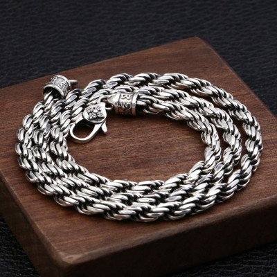 5.5 mm Men's Sterling Silver Six True Words Mantra Rope Chain 22”-24”