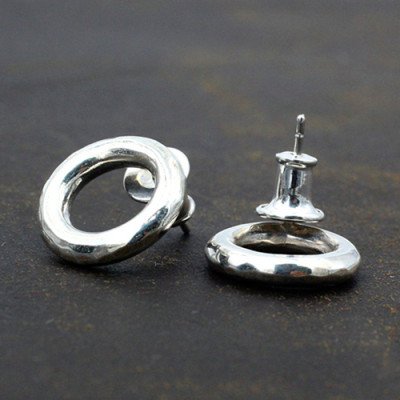 Men's Sterling Silver Hammered Ring Stud Earrings