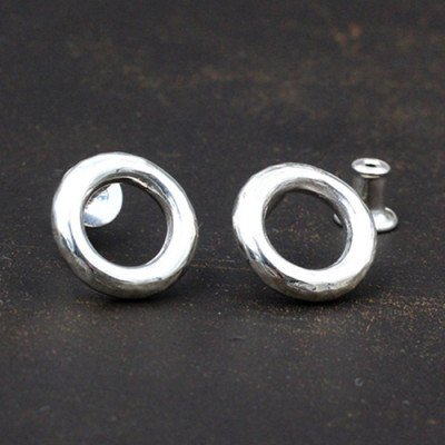 Men's Sterling Silver Hammered Ring Stud Earrings