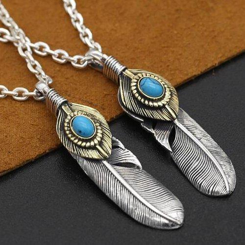 Men's Sterling Silver Turquoise Feather Pendant Necklace with Sterling Silver Anchor Link Chain 18"-30"