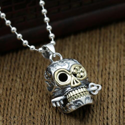 Men's Sterling Silver Skull Pendant Necklace with Sterling Silver Bead Chain 18"-30"