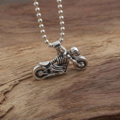 Men's Sterling Silver Skull Biker Necklace with Sterling Silver Bead Chain 18"-30"