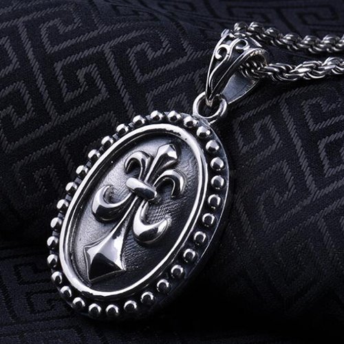 Men's Sterling Silver France Fleur de lis Necklace with Sterling Silver Rope Chain 18"-24"