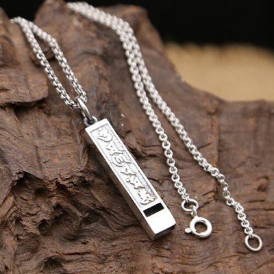 Men's Sterling Silver Six Word Proverbs Whistle Necklace with Sterling Silver Rolo Chain 18"-24"