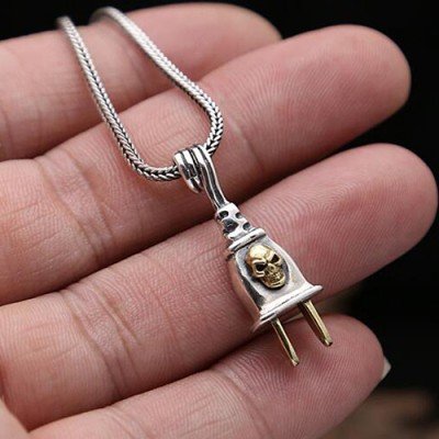 Men's Sterling Silver Skull Plug Necklace with Sterling Silver Wheat Chain 18"-30"
