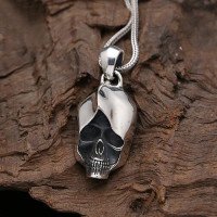 Men's Sterling Silver Skull Necklace with Sterling Silver Wheat Chain 18"-30"
