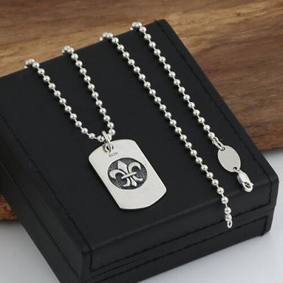 Men's Sterling Silver France Fleur De Lis Tag Necklace with Sterling Silver Bead Chain 18"-30"
