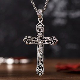 Men's Sterling Silver Jesus Cross Necklace with Sterling Silver Anchor Link Chain 18"-30"